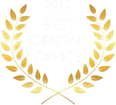 2022 Best Dental Office award badge, framed by a gold laurel wreath.