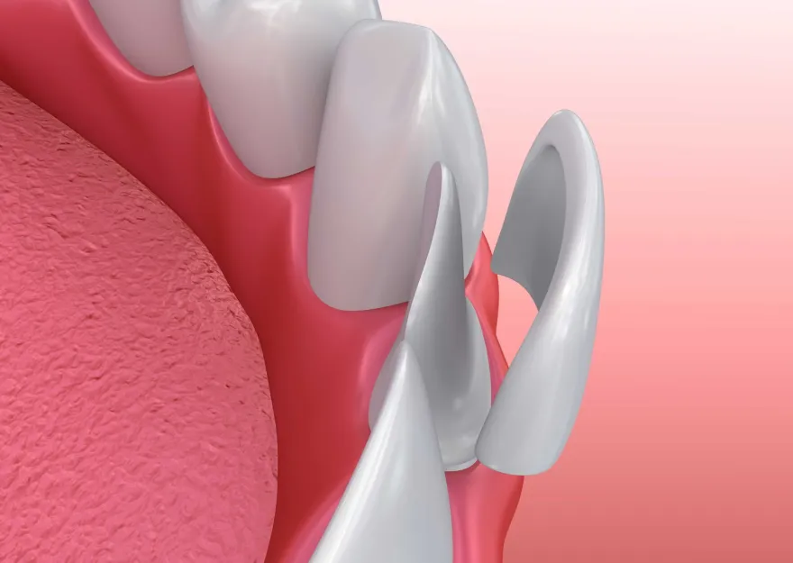 Illustration of a porcelain veneer being seated onto a front tooth.