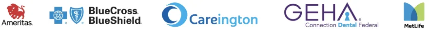 Logos of the accepted plans: Ameritas, Blue Cross Blue Shield, Careington, GEHA and MetLife.